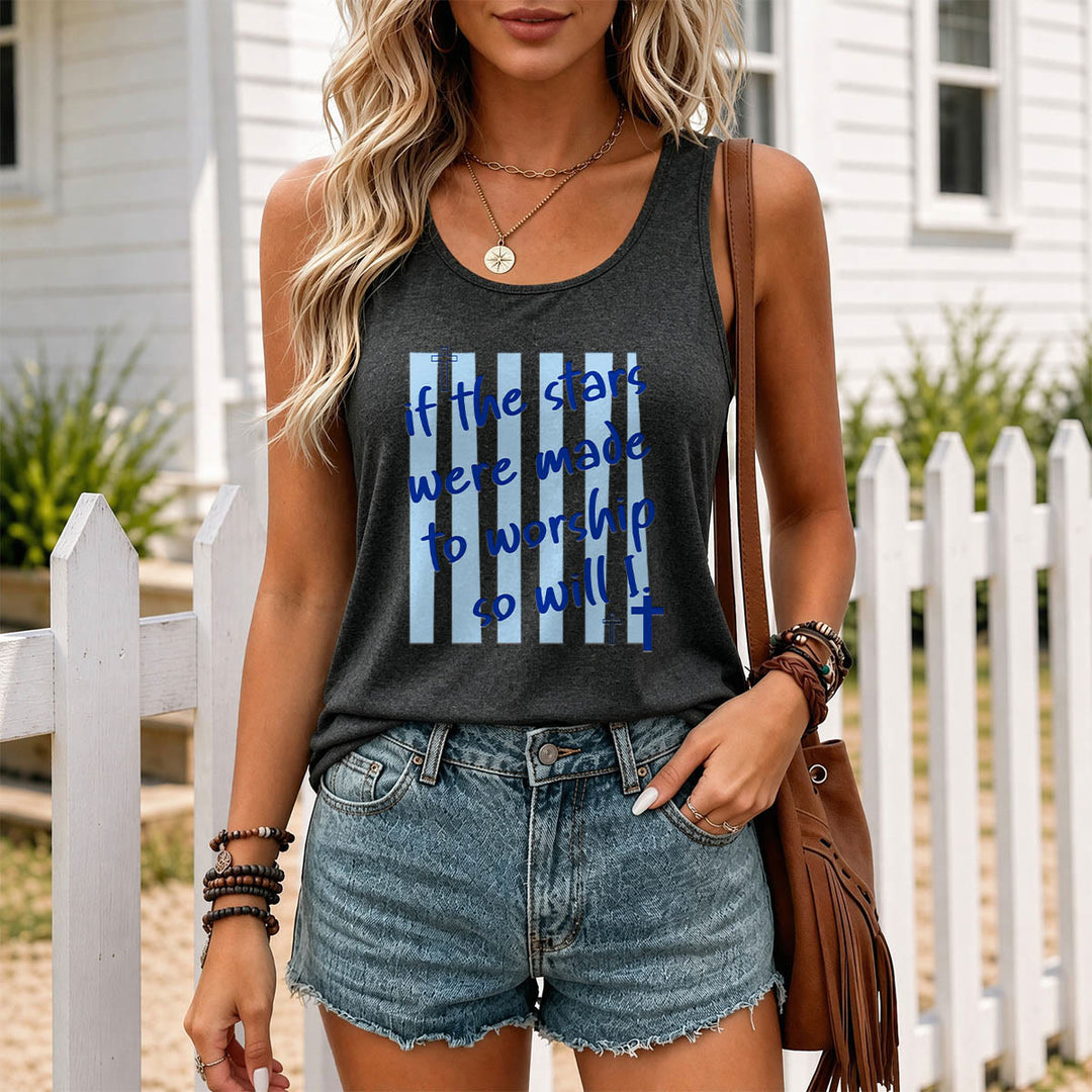 Christianartworkshop If The Stars Were Made To Worship So Will I Striped Background Cross Accent Front Print Racerback Tank Top - image 9