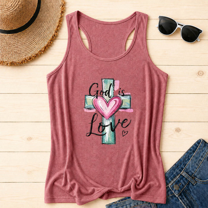 Christianartworkshop God Is Love Watercolor Cross&Heart Hand Drawn Cursive Text Racerback Tank Top - Pink - 2XL - image 18