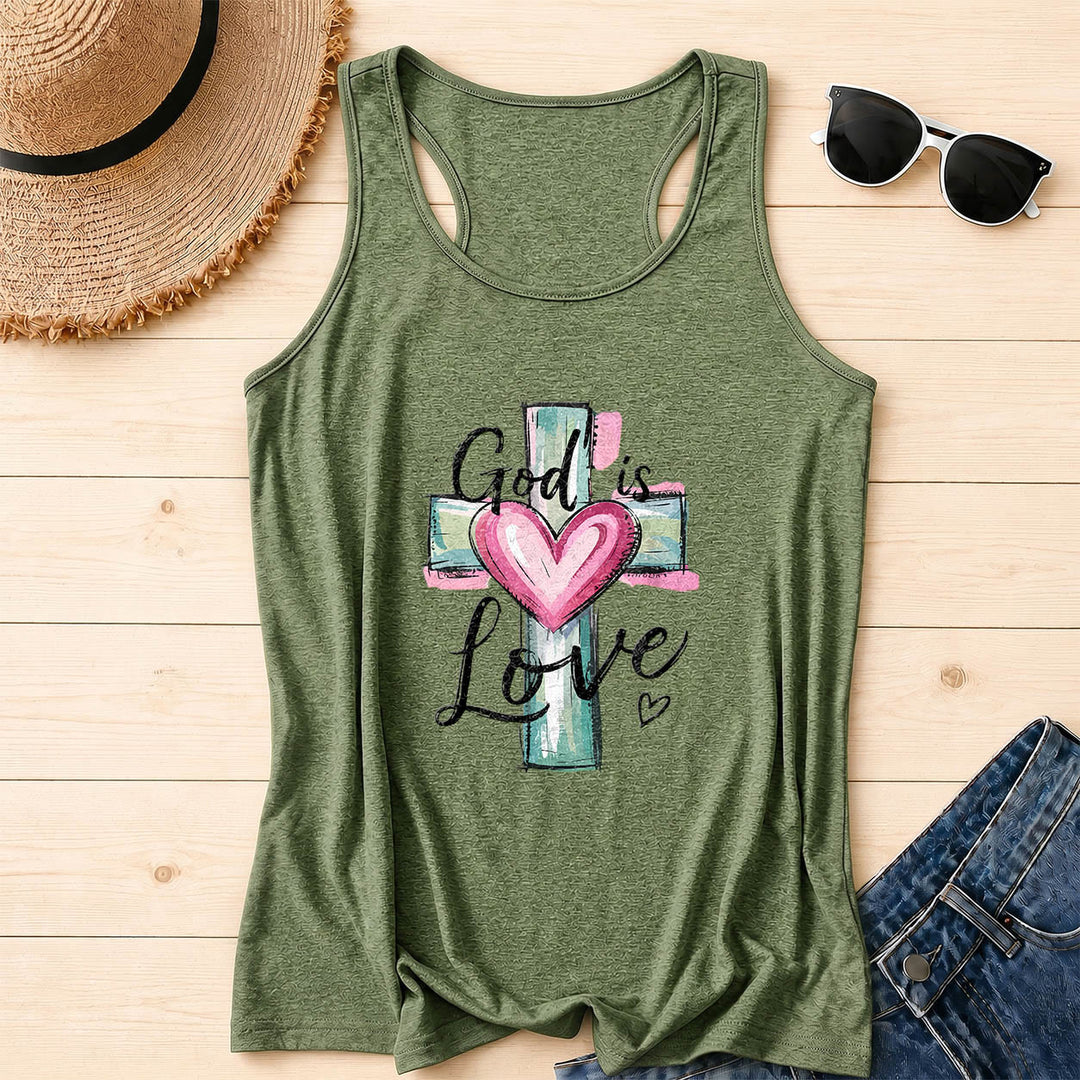 Christianartworkshop God Is Love Watercolor Cross&Heart Hand Drawn Cursive Text Racerback Tank Top - Olive Green - 2XL - image 16