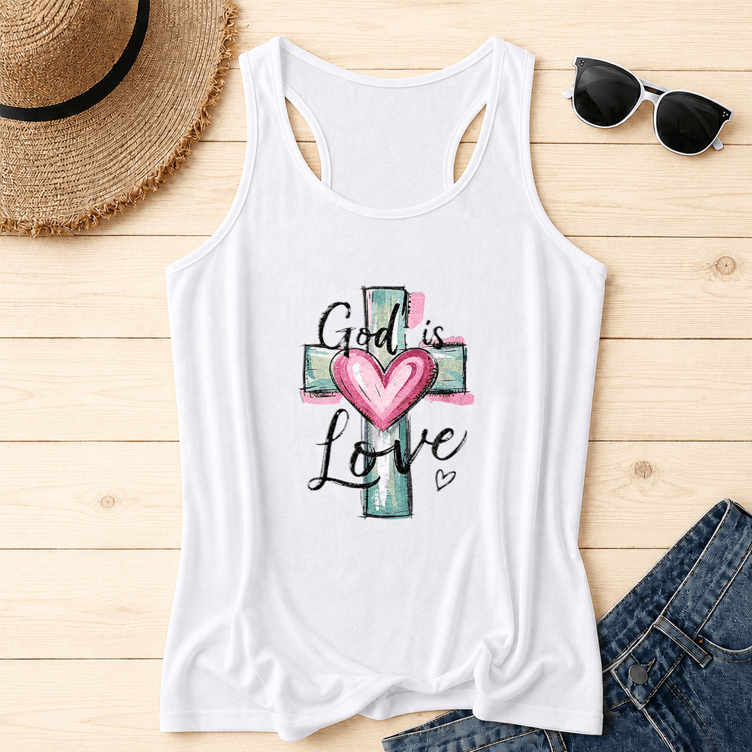 Christianartworkshop God Is Love Watercolor Cross&Heart Hand Drawn Cursive Text Racerback Tank Top - White - 2XL - image 0
