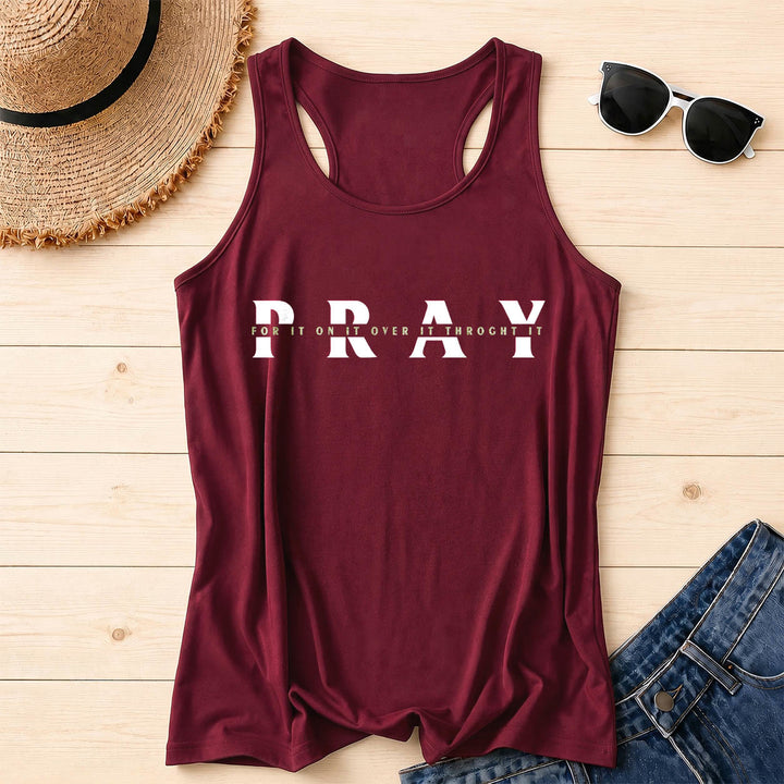 Christianartworkshop Distressed PRAY Overlaid Multi Preposition Phrase Front Print Racerback Tank Top - Wine - 2XL - image 8