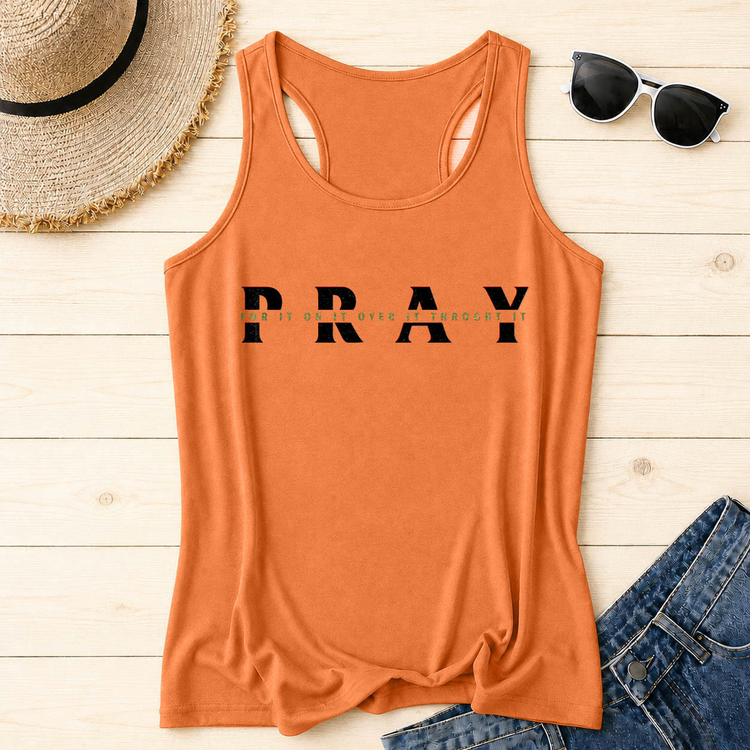 Christianartworkshop Distressed PRAY Overlaid Multi Preposition Phrase Front Print Racerback Tank Top - Orange - 2XL - image 10