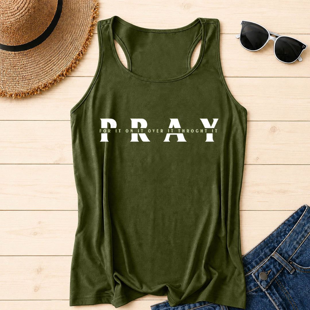 Christianartworkshop Distressed PRAY Overlaid Multi Preposition Phrase Front Print Racerback Tank Top - Army Green - 2XL - image 12