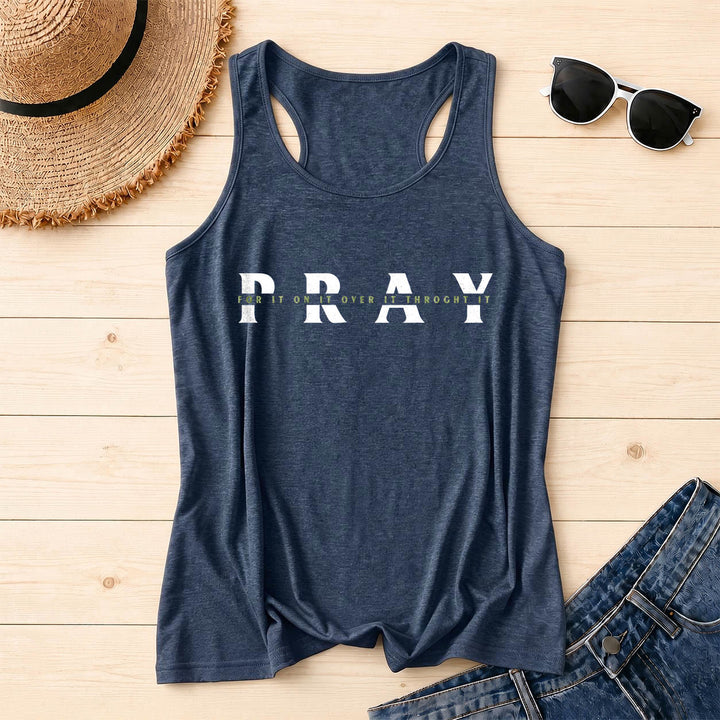 Christianartworkshop Distressed PRAY Overlaid Multi Preposition Phrase Front Print Racerback Tank Top - Navy Blue - 2XL - image 14