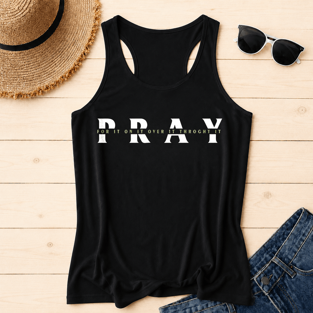Christianartworkshop Distressed PRAY Overlaid Multi Preposition Phrase Front Print Racerback Tank Top - Black - 2XL - image 6