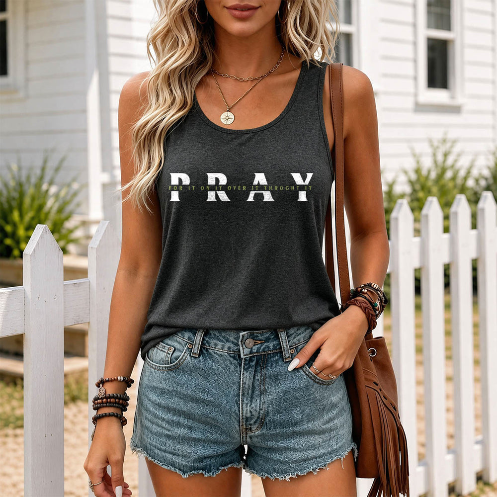 Christianartworkshop Distressed PRAY Overlaid Multi Preposition Phrase Front Print Racerback Tank Top - image 1