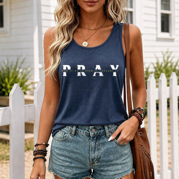 Christianartworkshop Distressed PRAY Overlaid Multi Preposition Phrase Front Print Racerback Tank Top - image 15