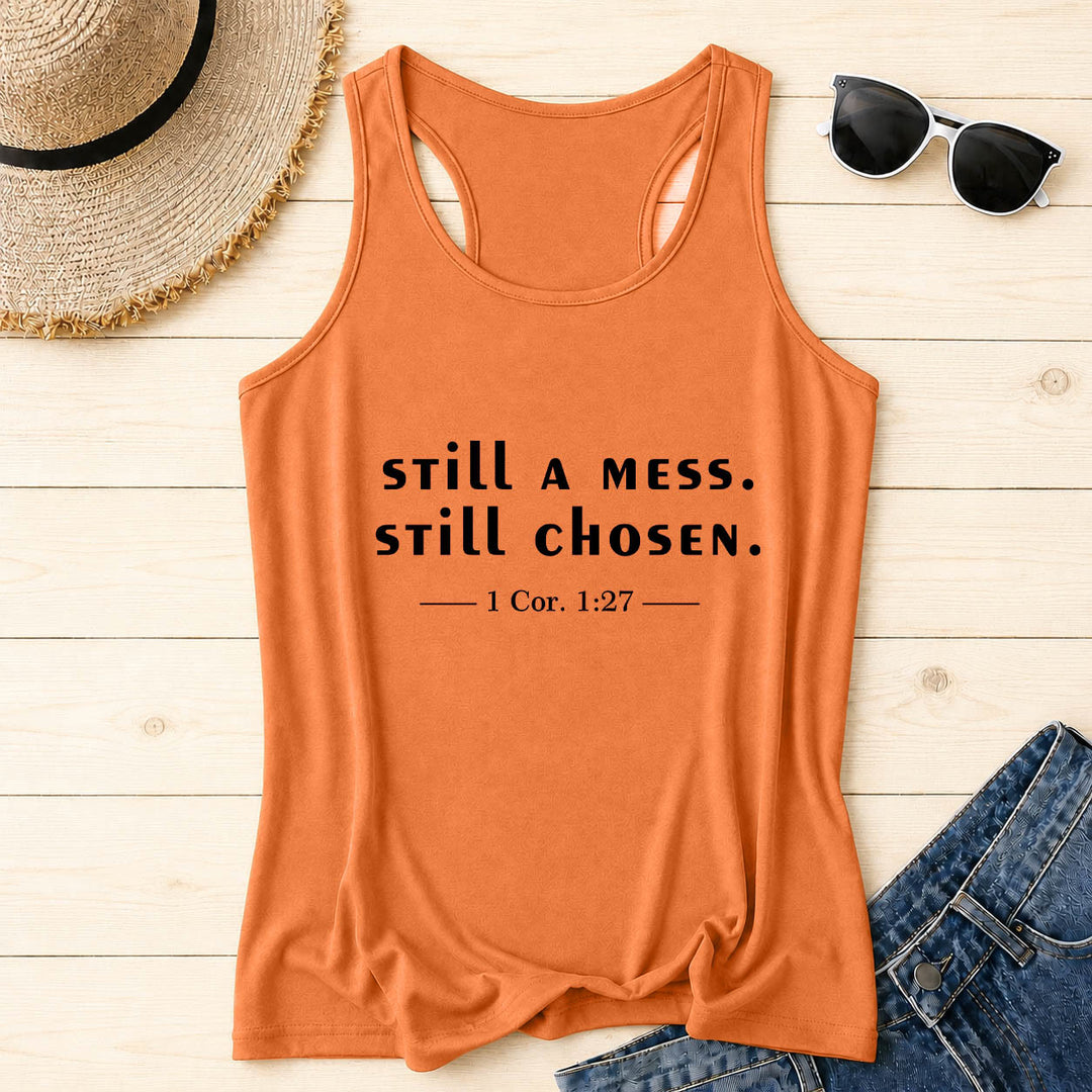 Christianartworkshop Still A Mess Still Chosen Two Line Casual Serif Verse Citation 1 Cor.1:27 Front Print Racerback Tank Top - Orange - 2XL - image 12