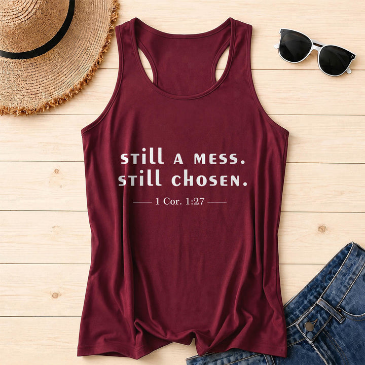 Christianartworkshop Still A Mess Still Chosen Two Line Casual Serif Verse Citation 1 Cor.1:27 Front Print Racerback Tank Top - Wine - 2XL - image 10