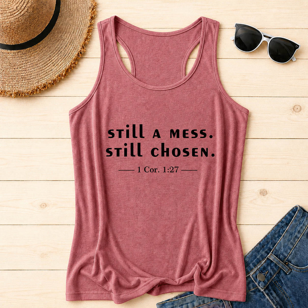 Christianartworkshop Still A Mess Still Chosen Two Line Casual Serif Verse Citation 1 Cor.1:27 Front Print Racerback Tank Top - Pink - 2XL - image 18
