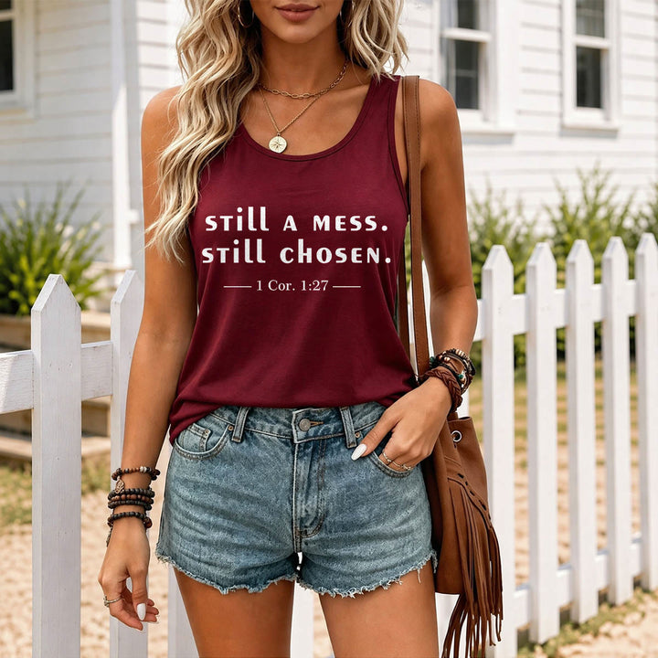 Christianartworkshop Still A Mess Still Chosen Two Line Casual Serif Verse Citation 1 Cor.1:27 Front Print Racerback Tank Top - image 11