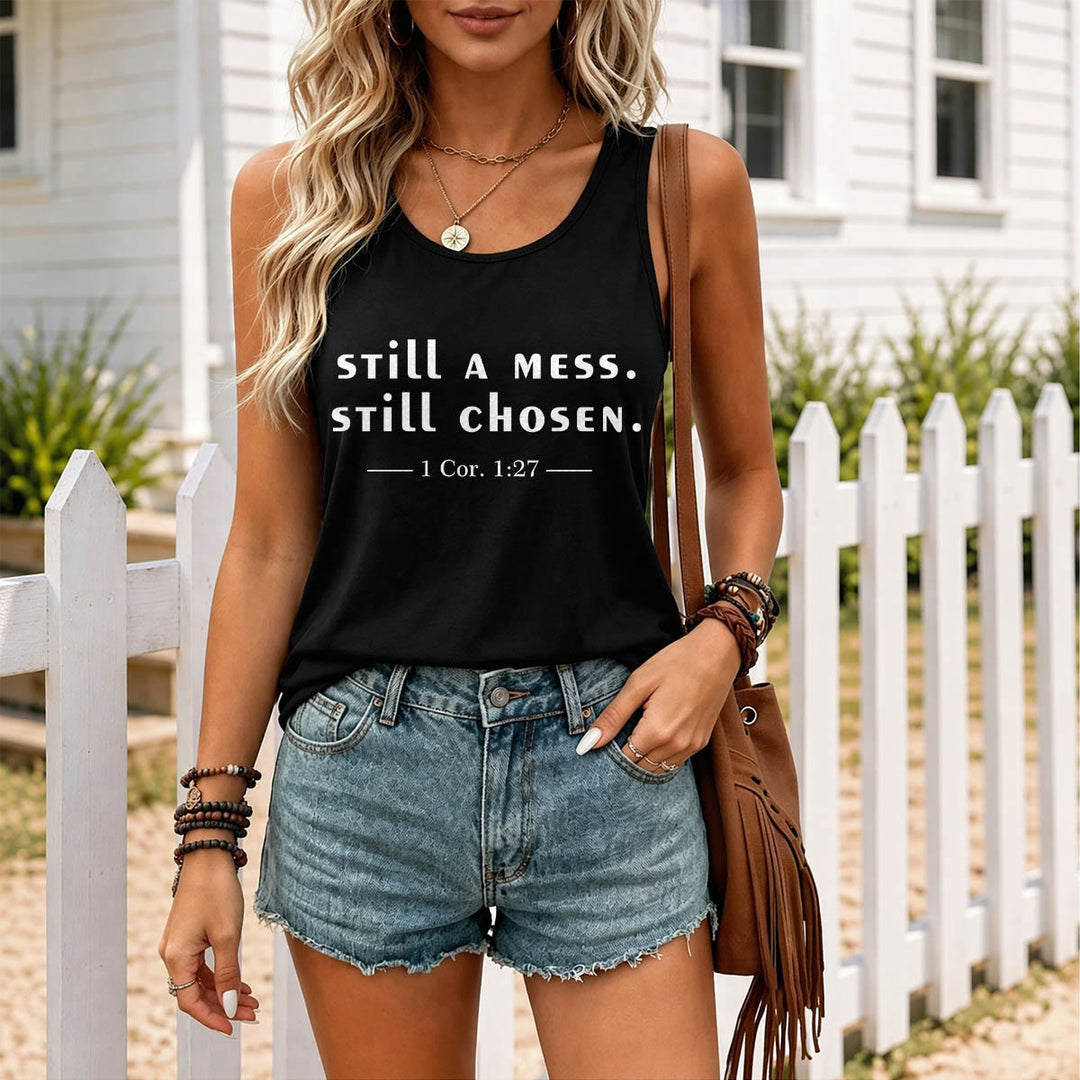 Christianartworkshop Still A Mess Still Chosen Two Line Casual Serif Verse Citation 1 Cor.1:27 Front Print Racerback Tank Top - image 9