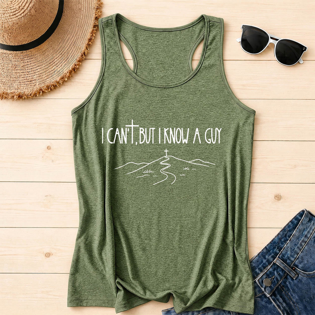 Christianartworkshop I Can't But I Know A Guy Handwritten Font Hill Cross Path Front Print Racerback Tank Top - Olive Green - 2XL - image 16