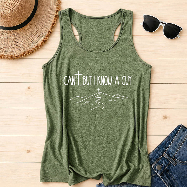 Christianartworkshop I Can't But I Know A Guy Handwritten Font Hill Cross Path Front Print Racerback Tank Top - Olive Green - 2XL - image 16