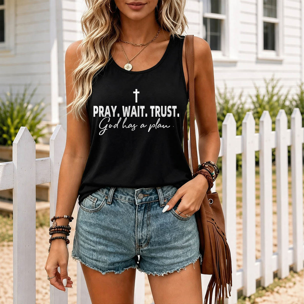 Christianartworkshop Cross PRAY WAIT TRUST Bold Block Font Cursive Subline God Has A Plan Racerback Tank Top - image 1