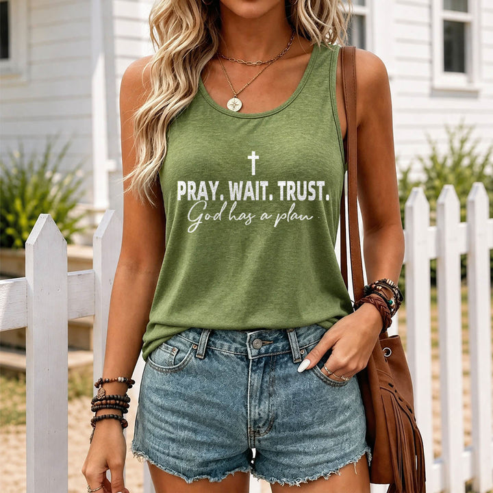 Christianartworkshop Cross PRAY WAIT TRUST Bold Block Font Cursive Subline God Has A Plan Racerback Tank Top - image 17