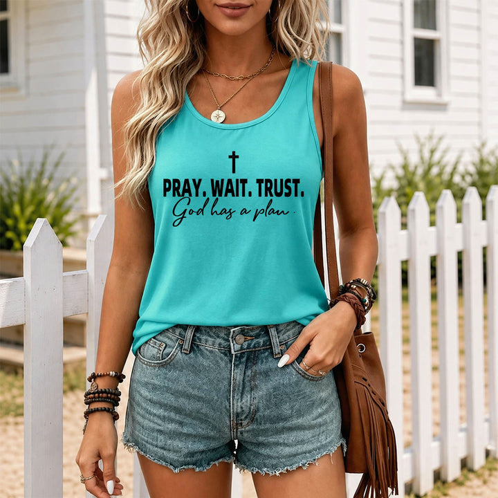 Christianartworkshop Cross PRAY WAIT TRUST Bold Block Font Cursive Subline God Has A Plan Racerback Tank Top - image 11