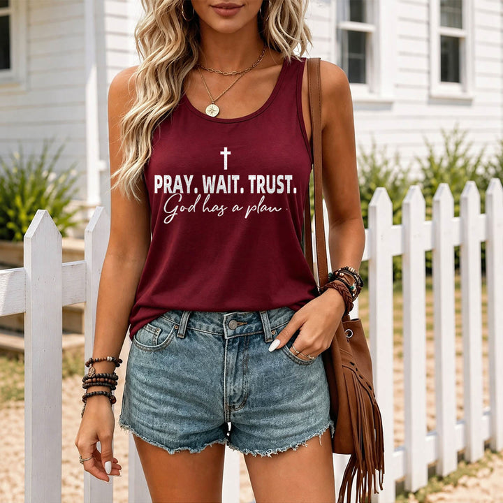 Christianartworkshop Cross PRAY WAIT TRUST Bold Block Font Cursive Subline God Has A Plan Racerback Tank Top - image 3