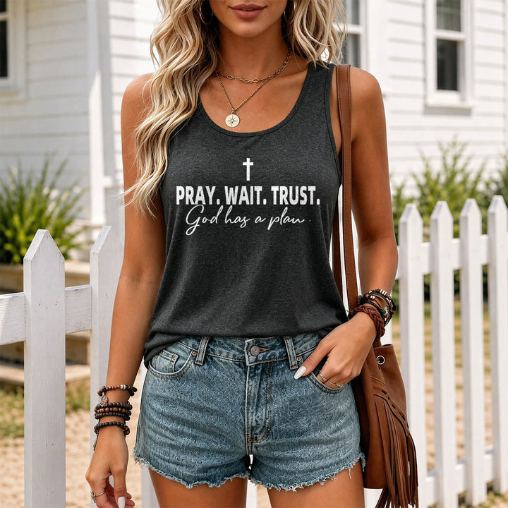 Christianartworkshop Cross PRAY WAIT TRUST Bold Block Font Cursive Subline God Has A Plan Racerback Tank Top - image 7