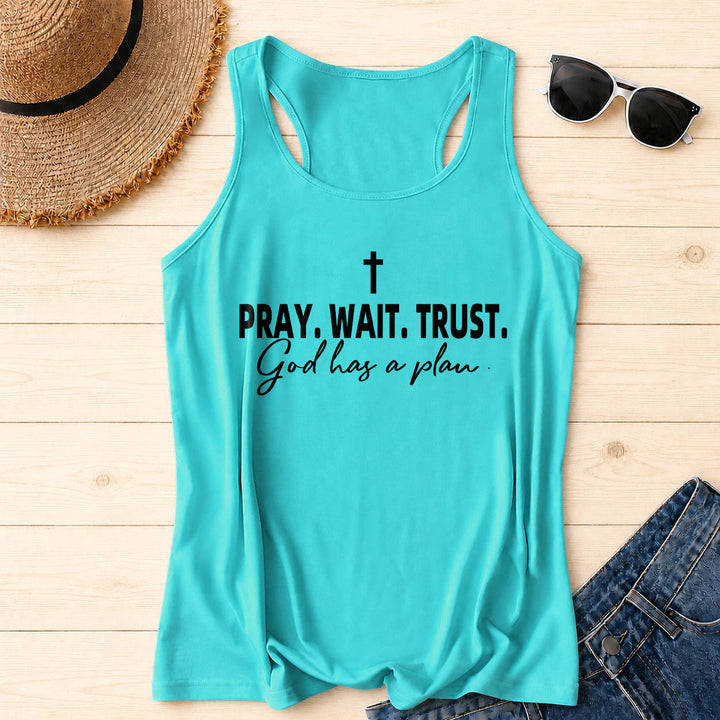 Christianartworkshop Cross PRAY WAIT TRUST Bold Block Font Cursive Subline God Has A Plan Racerback Tank Top - Mint - 2XL - image 10