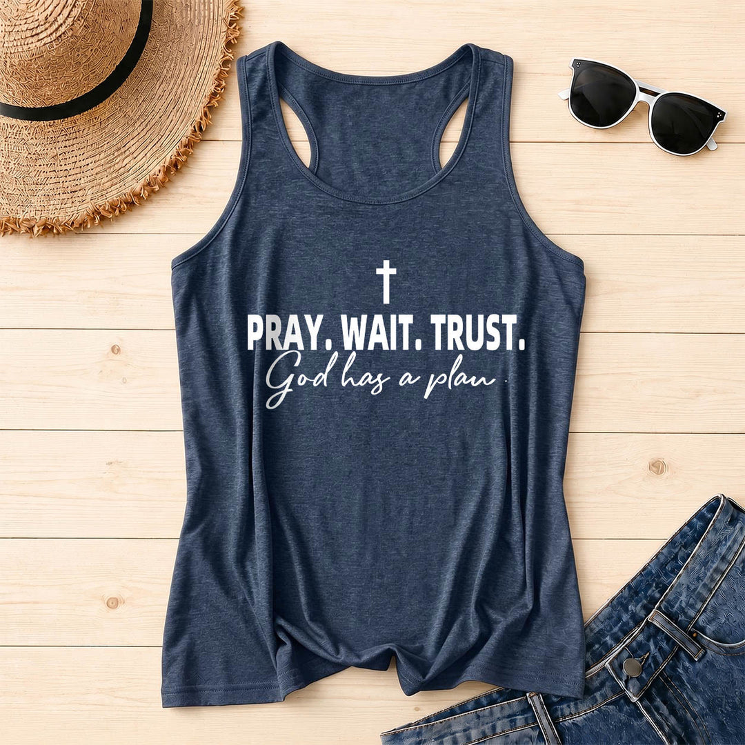 Christianartworkshop Cross PRAY WAIT TRUST Bold Block Font Cursive Subline God Has A Plan Racerback Tank Top - Navy Blue - 2XL - image 4