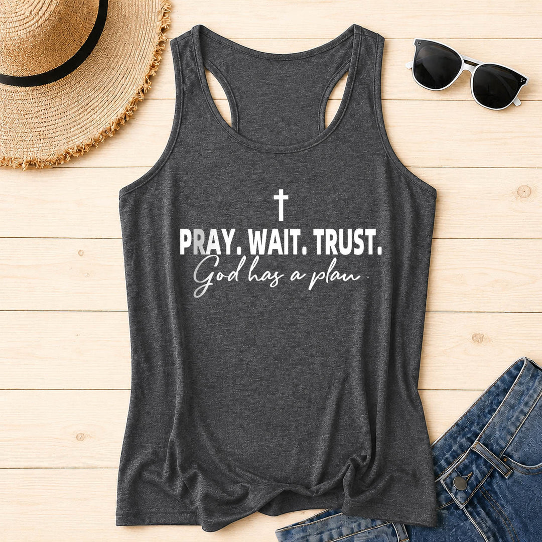 Christianartworkshop Cross PRAY WAIT TRUST Bold Block Font Cursive Subline God Has A Plan Racerback Tank Top - Grey - 2XL - image 6