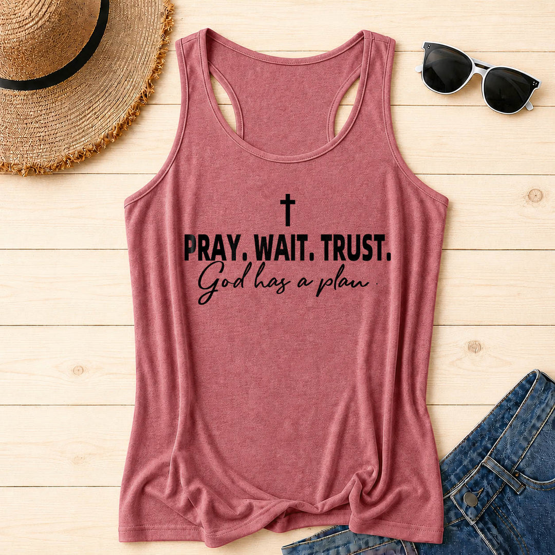 Christianartworkshop Cross PRAY WAIT TRUST Bold Block Font Cursive Subline God Has A Plan Racerback Tank Top - Pink - 2XL - image 18