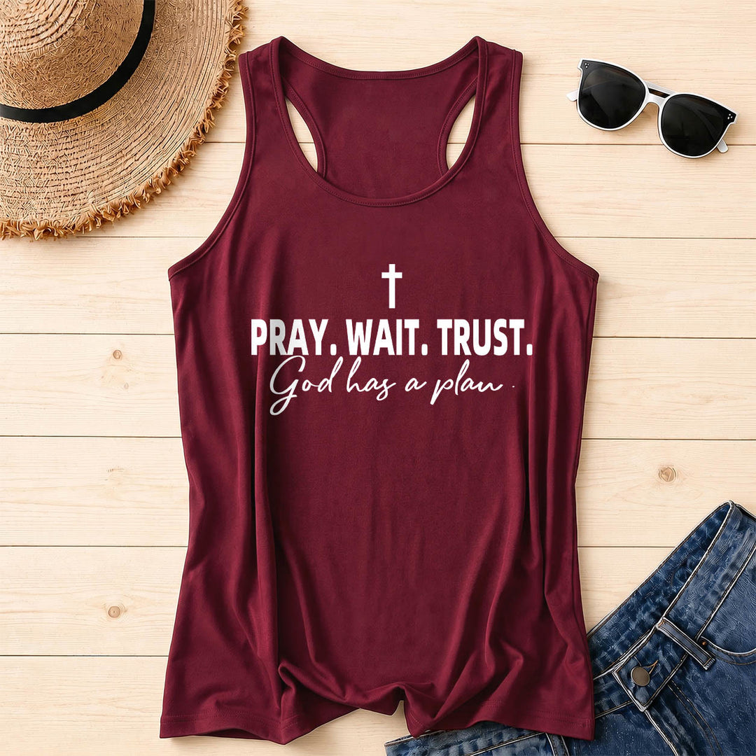 Christianartworkshop Cross PRAY WAIT TRUST Bold Block Font Cursive Subline God Has A Plan Racerback Tank Top - Wine - 2XL - image 2