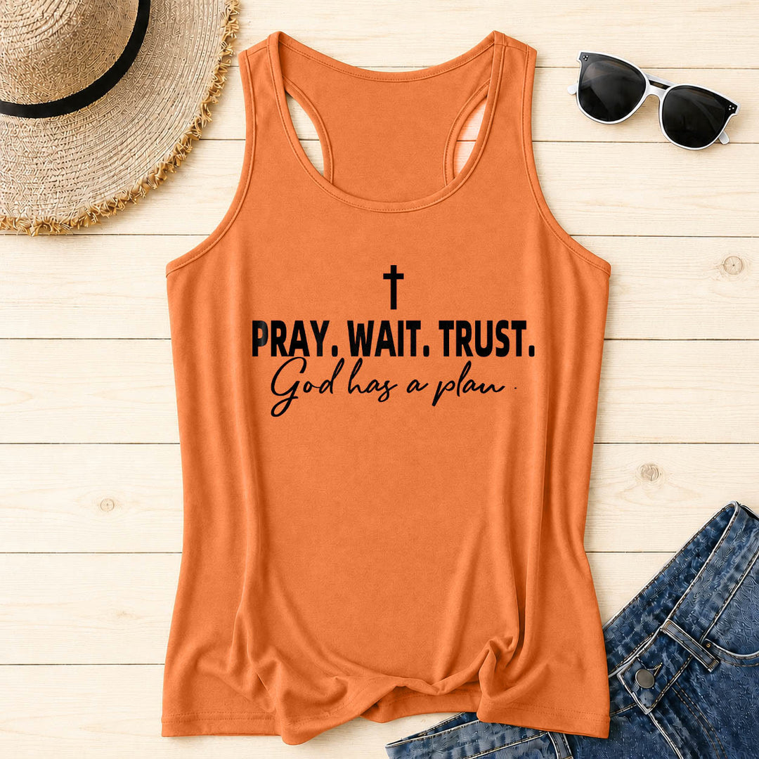 Christianartworkshop Cross PRAY WAIT TRUST Bold Block Font Cursive Subline God Has A Plan Racerback Tank Top - Orange - 2XL - image 12