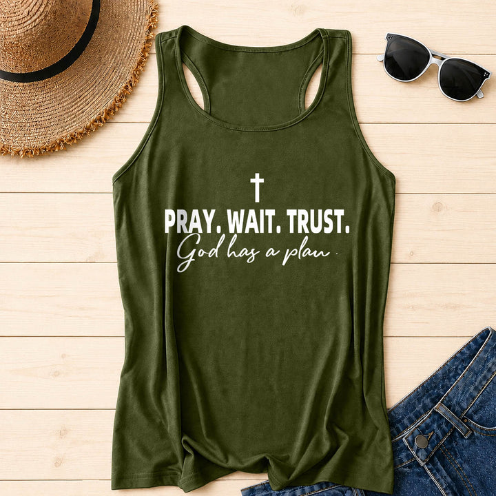Christianartworkshop Cross PRAY WAIT TRUST Bold Block Font Cursive Subline God Has A Plan Racerback Tank Top - Army Green - 2XL - image 14