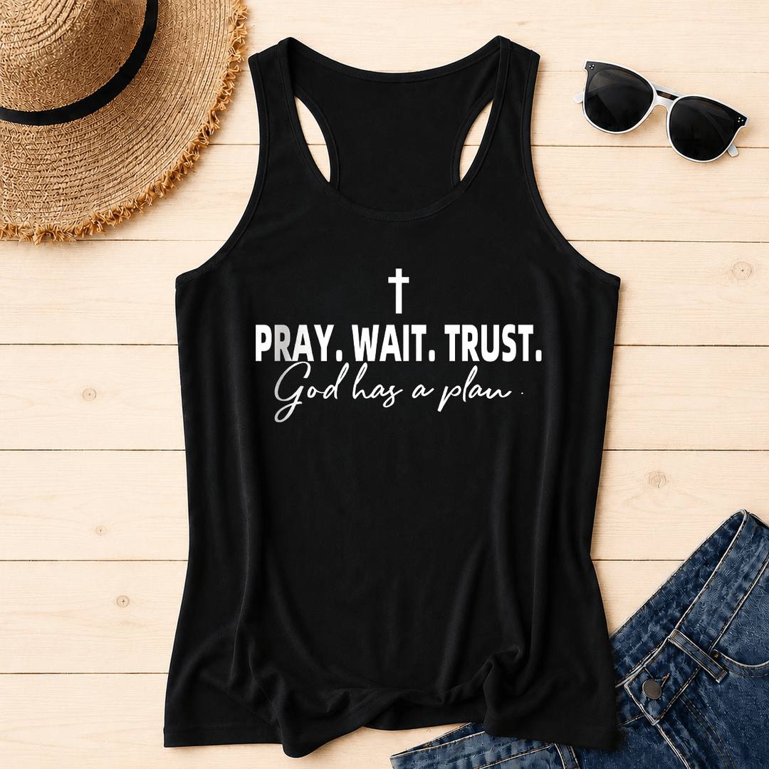 Christianartworkshop Cross PRAY WAIT TRUST Bold Block Font Cursive Subline God Has A Plan Racerback Tank Top - Black - 2XL - image 0