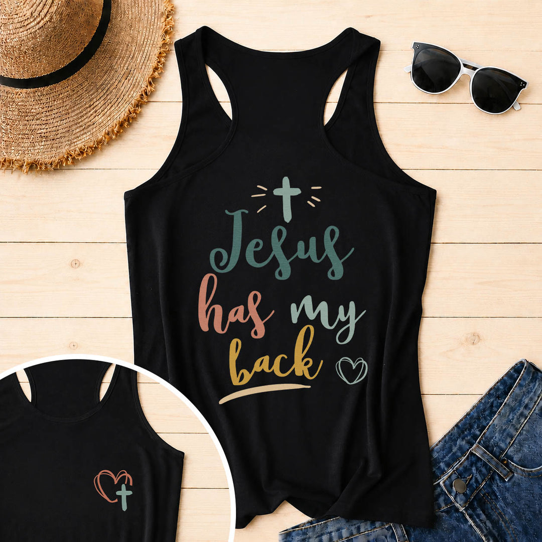Christianartworkshop Dual Side Print Jesus Has My Back Multi-Tone Cursive Text Sun Accent Cross Heart Graphic Racerback Tank Top - Black - 2XL - image 5