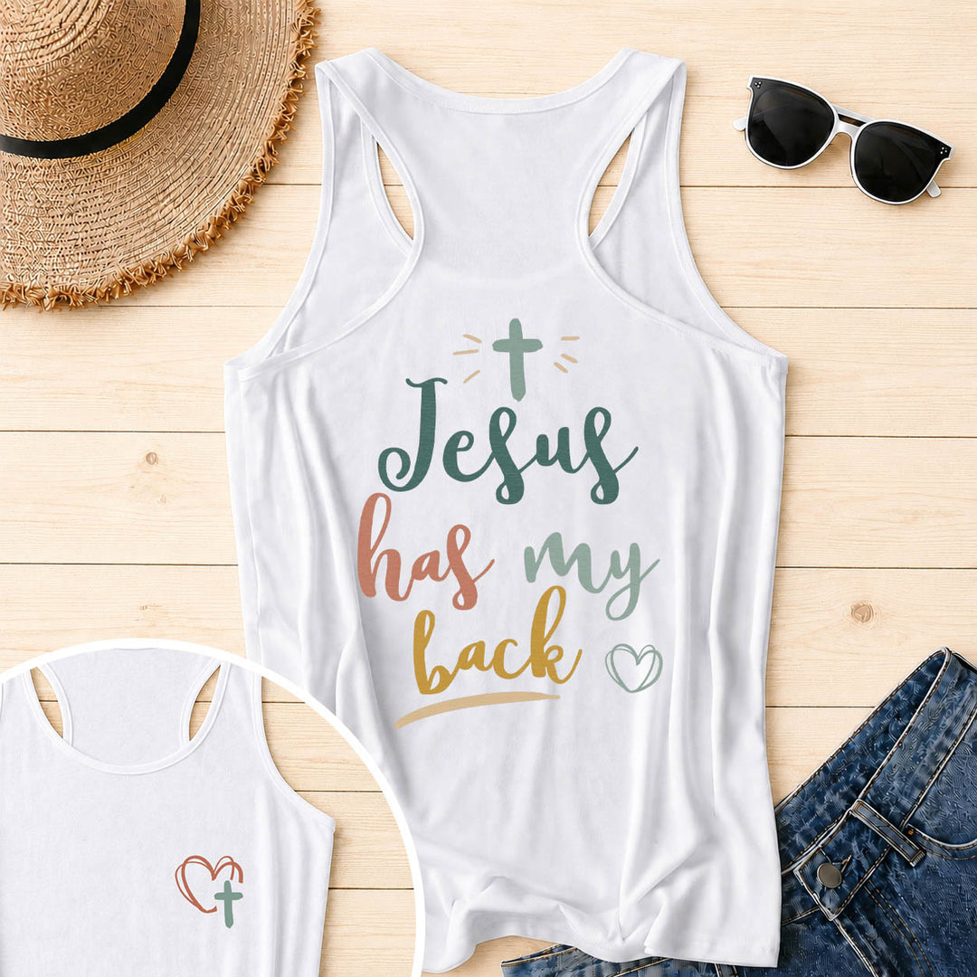 Christianartworkshop Dual Side Print Jesus Has My Back Multi-Tone Cursive Text Sun Accent Cross Heart Graphic Racerback Tank Top - White - 2XL - image 0
