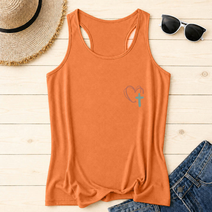 Christianartworkshop Dual Side Print Jesus Has My Back Multi-Tone Cursive Text Sun Accent Cross Heart Graphic Racerback Tank Top - image 31