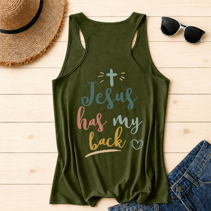 Christianartworkshop Dual Side Print Jesus Has My Back Multi-Tone Cursive Text Sun Accent Cross Heart Graphic Racerback Tank Top - image 38