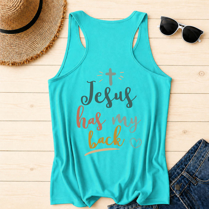 Christianartworkshop Dual Side Print Jesus Has My Back Multi-Tone Cursive Text Sun Accent Cross Heart Graphic Racerback Tank Top - image 28