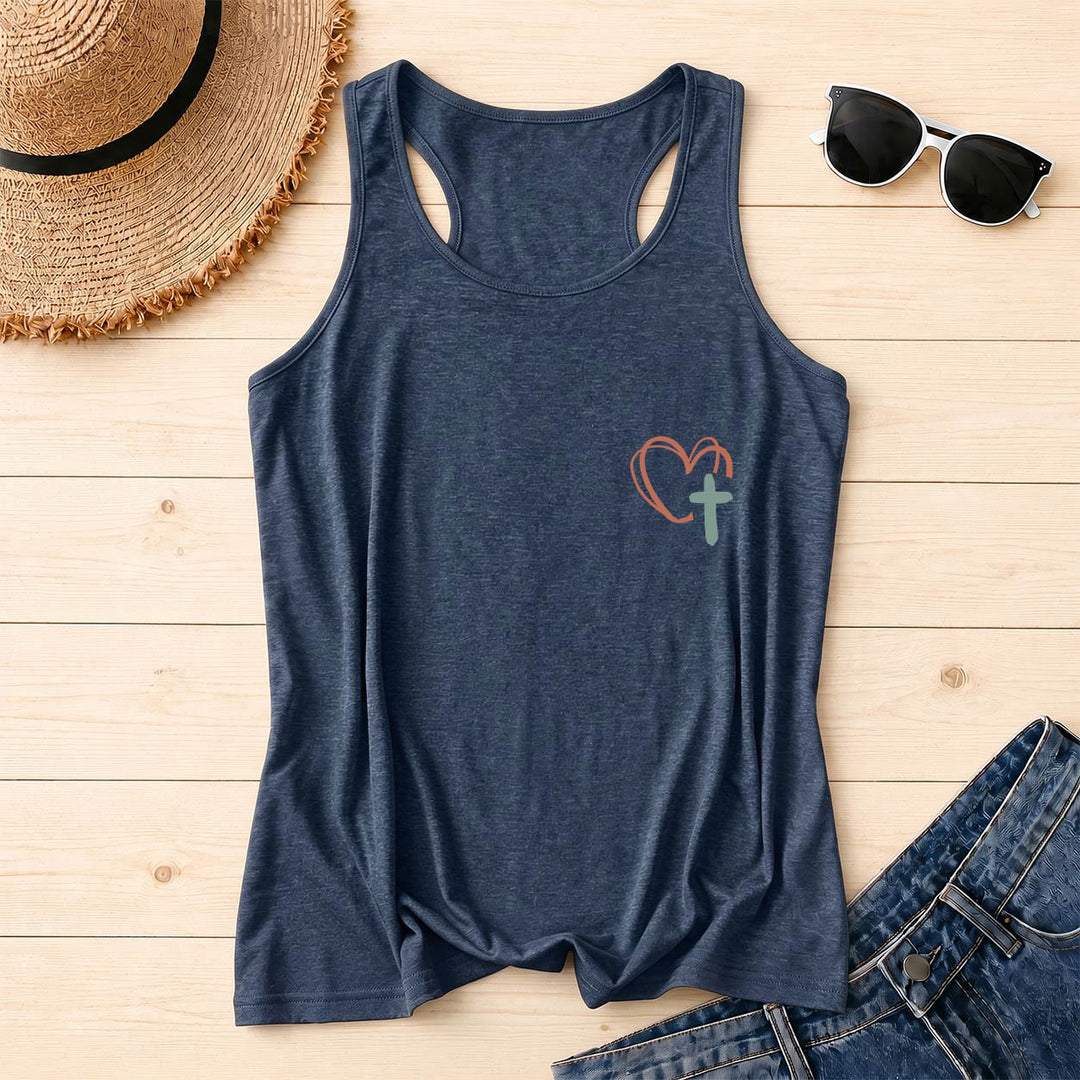 Christianartworkshop Dual Side Print Jesus Has My Back Multi-Tone Cursive Text Sun Accent Cross Heart Graphic Racerback Tank Top - image 16