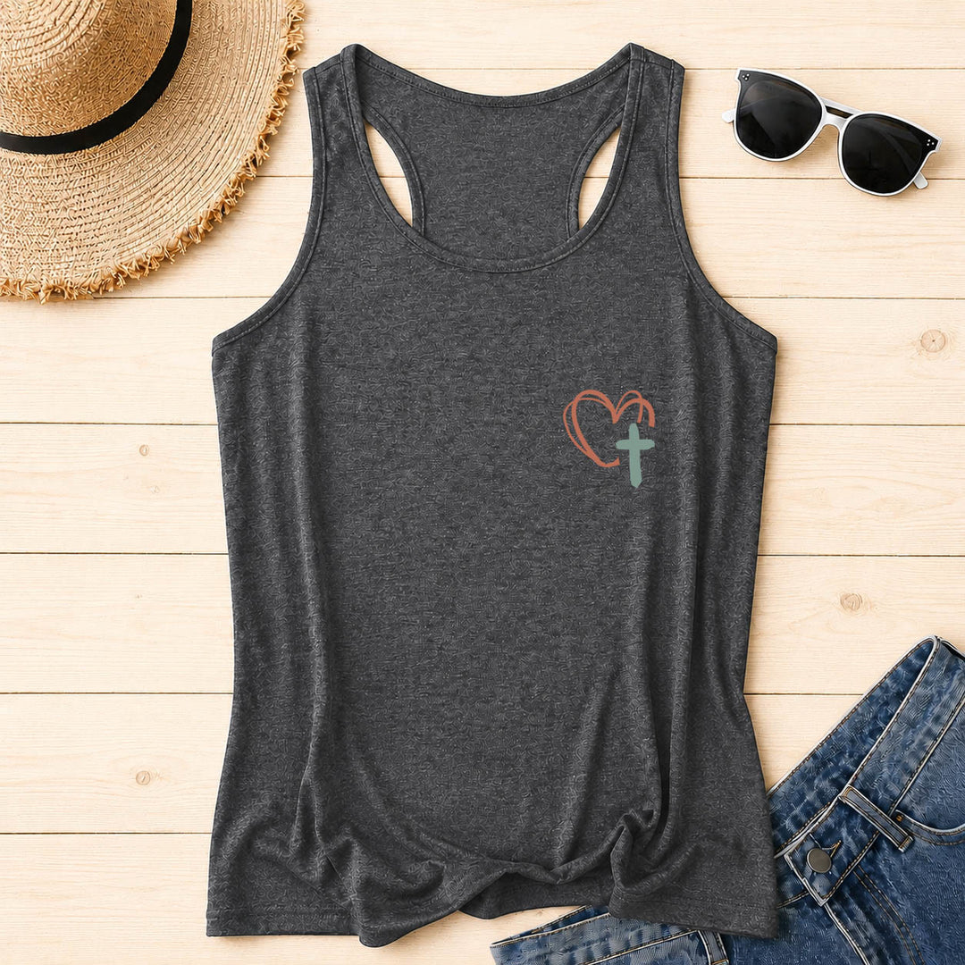 Christianartworkshop Dual Side Print Jesus Has My Back Multi-Tone Cursive Text Sun Accent Cross Heart Graphic Racerback Tank Top - image 21