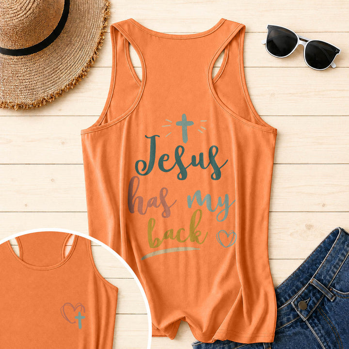 Christianartworkshop Dual Side Print Jesus Has My Back Multi-Tone Cursive Text Sun Accent Cross Heart Graphic Racerback Tank Top - Orange - 2XL - image 30
