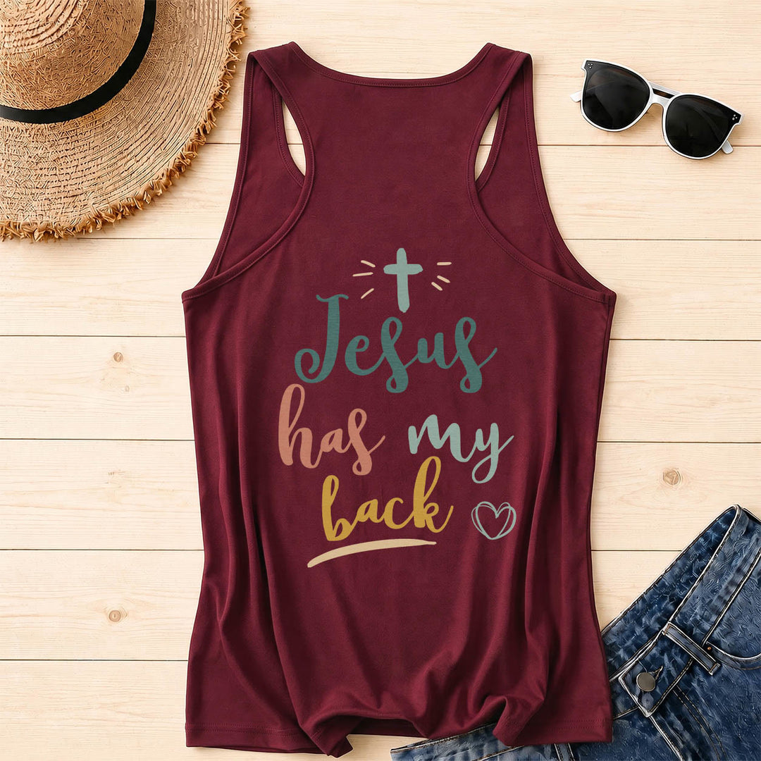 Christianartworkshop Dual Side Print Jesus Has My Back Multi-Tone Cursive Text Sun Accent Cross Heart Graphic Racerback Tank Top - image 13