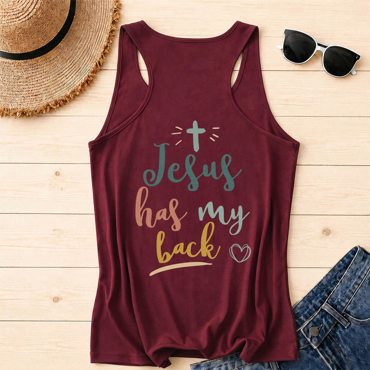 Christianartworkshop Dual Side Print Jesus Has My Back Multi-Tone Cursive Text Sun Accent Cross Heart Graphic Racerback Tank Top - image 13