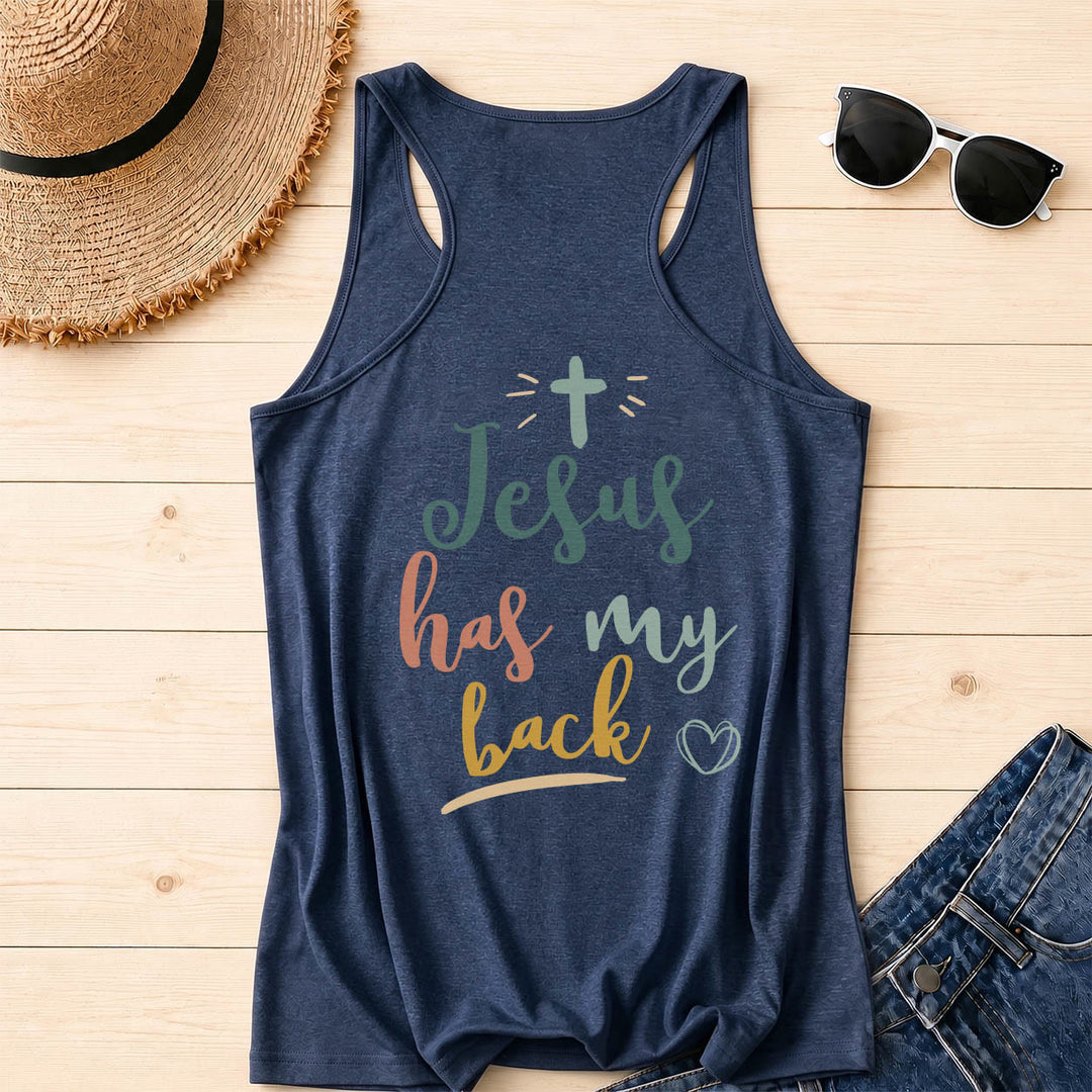 Christianartworkshop Dual Side Print Jesus Has My Back Multi-Tone Cursive Text Sun Accent Cross Heart Graphic Racerback Tank Top - image 18
