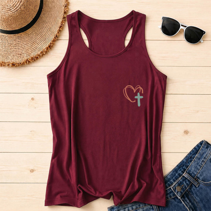 Christianartworkshop Dual Side Print Jesus Has My Back Multi-Tone Cursive Text Sun Accent Cross Heart Graphic Racerback Tank Top - image 11
