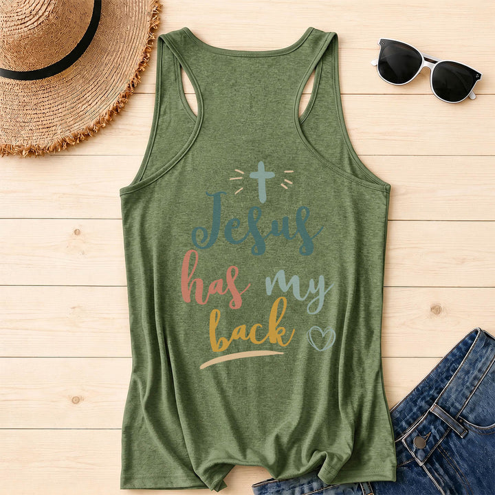 Christianartworkshop Dual Side Print Jesus Has My Back Multi-Tone Cursive Text Sun Accent Cross Heart Graphic Racerback Tank Top - image 43