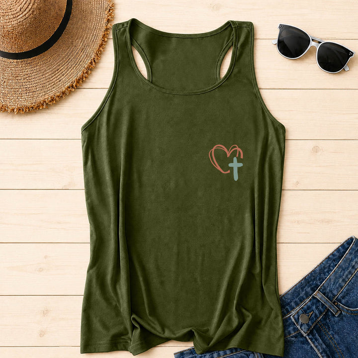 Christianartworkshop Dual Side Print Jesus Has My Back Multi-Tone Cursive Text Sun Accent Cross Heart Graphic Racerback Tank Top - image 36