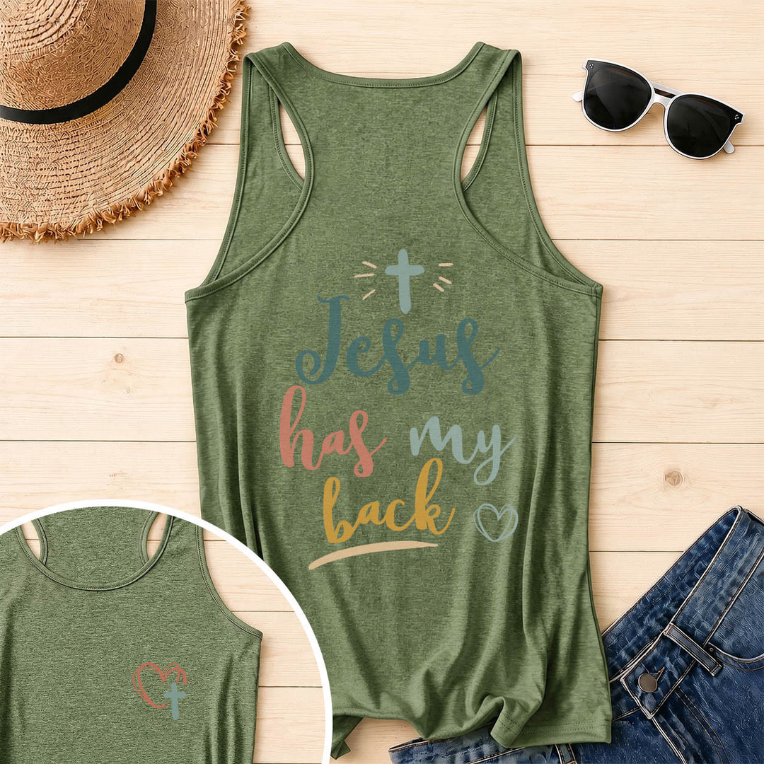 Christianartworkshop Dual Side Print Jesus Has My Back Multi-Tone Cursive Text Sun Accent Cross Heart Graphic Racerback Tank Top - Olive Green - 2XL - image 40