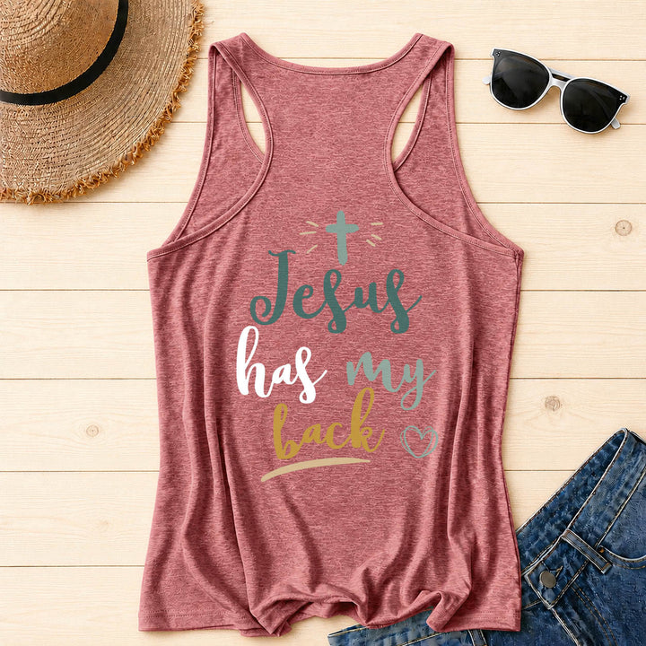 Christianartworkshop Dual Side Print Jesus Has My Back Multi-Tone Cursive Text Sun Accent Cross Heart Graphic Racerback Tank Top - image 48