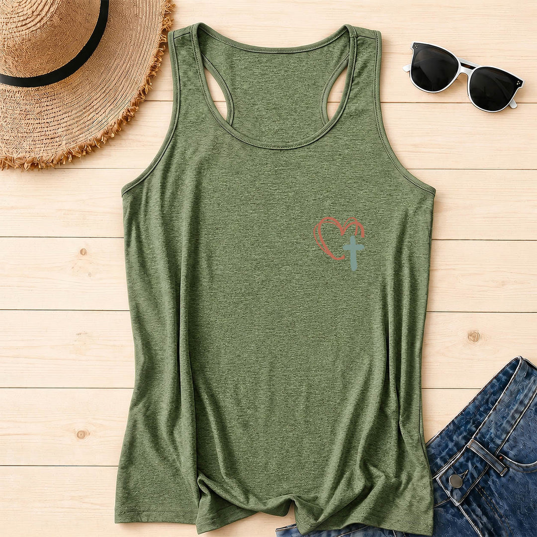 Christianartworkshop Dual Side Print Jesus Has My Back Multi-Tone Cursive Text Sun Accent Cross Heart Graphic Racerback Tank Top - image 41