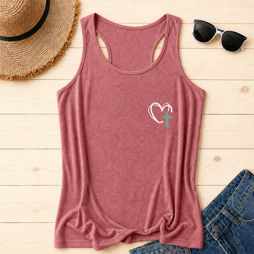 Christianartworkshop Dual Side Print Jesus Has My Back Multi-Tone Cursive Text Sun Accent Cross Heart Graphic Racerback Tank Top - image 46