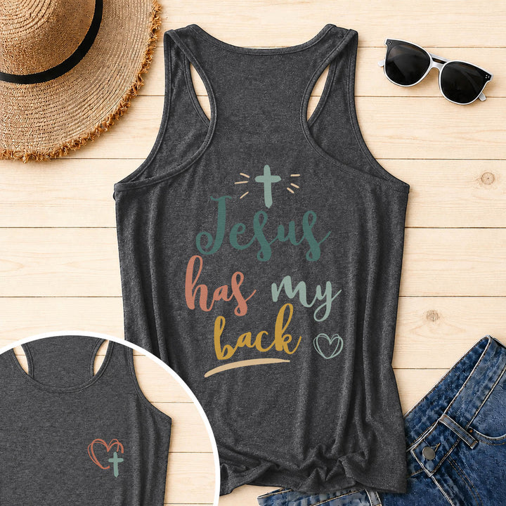 Christianartworkshop Dual Side Print Jesus Has My Back Multi-Tone Cursive Text Sun Accent Cross Heart Graphic Racerback Tank Top - Grey - 2XL - image 20